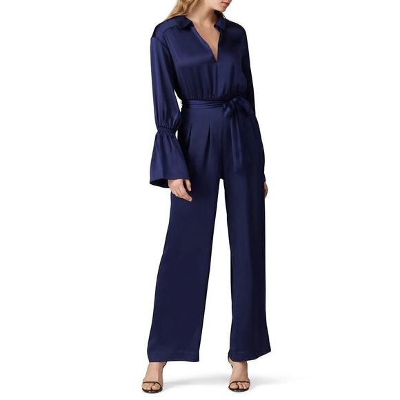 Three Floor Brigitte Jumpsuit Satin Bell Sleeve Collared Wide Leg Navy Blue 4 - Picture 1 of 13